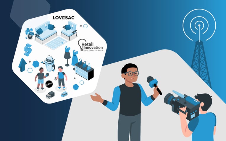 news anchor reporting on retail apparel brands, lovesac furniture, retail innovation conference and expo