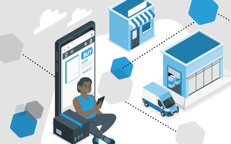 woman shopping ecommerce website, multi node fulfillment warehouses