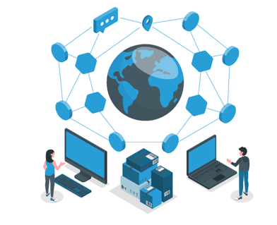 illustration of globe with elements representing muti-node distribution