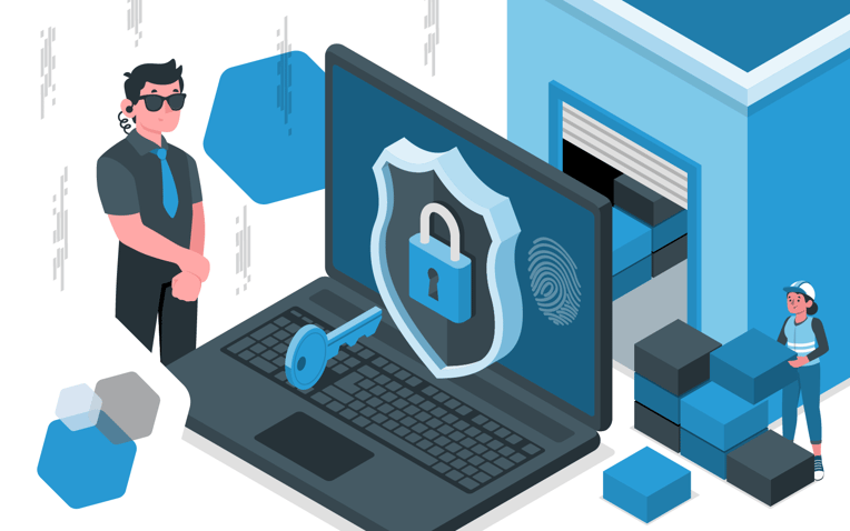 security guard in sunglasses guarding laptop with security symbol and key at logistics warehouse