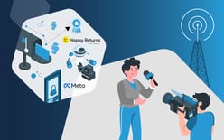anchor announcing current fulfillment and commerce news, including envelope in mailbox, a tablet with purse, robot with boxes, and a ribbon representing stories about Amazon, Meta, Happy Returns, and USPS