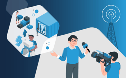 anchor announcing news about LEGO, increased retail sales and container shipping shopping represented by graphics in a hexagon