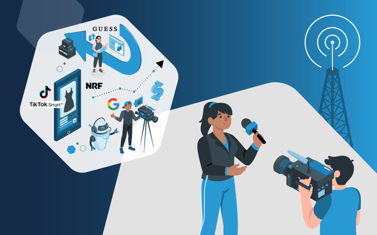 anchor announcing weekly commerce and logistics news roundup about Guess, NRF and TikTok Smart+
