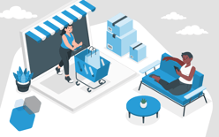 illustration of woman with shopping cart in living area, represents omnichannel retailing