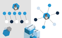 illustration, customer using mobile ecommerce app, multichannel fulfillment on the left, omnichannel fulfillment on the right
