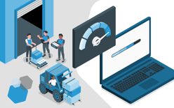 three people at warehouse with packages, forklift, and laptop, representing onboarding fast with a 3pl