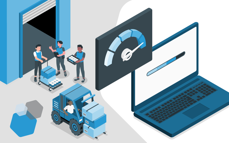 three people at warehouse with packages, forklift, and laptop, representing onboarding fast with a 3pl