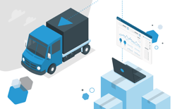 packages, laptop, and graph leading with arrow to truck, representing end-to-end freight management