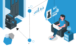 shopper on laptop with images of dress and line leading to package, representing the ecommerce shopping journey and optimizing it