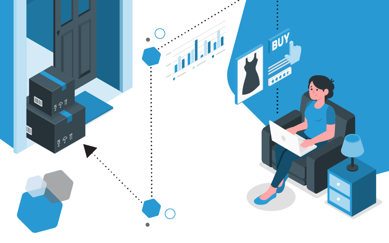 shopper on laptop with images of dress and line leading to package, representing the ecommerce shopping journey and optimizing it