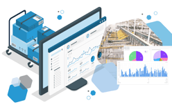 computer screen with order management system dashboard, a picture of a fulfillment center and graphs