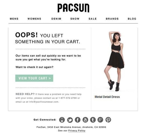 pacsun popup ad reminder for cart abandonment recovery