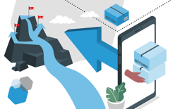 packages and tablet with arrow pointing to peak of mountain, representing peak season returns