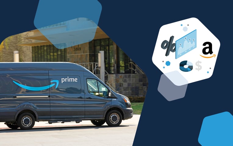 Amazon delivery van in front of brick building and hexagon with percent sign and data
