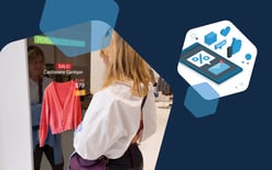 woman standing and looking at sweater on screen and hex with graphics that represent retail marketing trends to watch and implement in 2025
