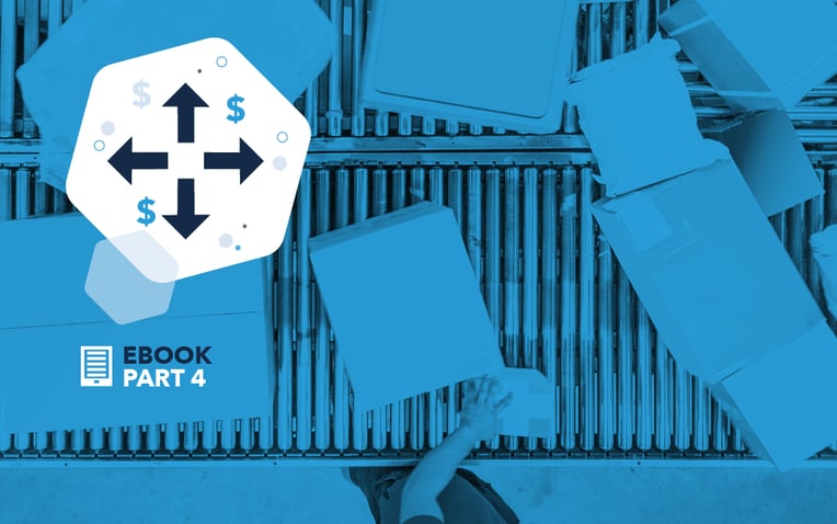 scaling unified ecommerce strategy eBook part 4 cover, fulfillment warehouse conveyor moving boxes of products