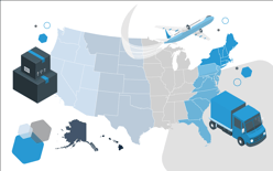 U.S. map divided into zones with a delivery truck and packages, representing how shipping zones have a critical role in ecommerce fulfillment