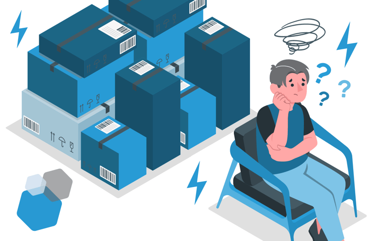 frustrated man on chair with large amount of packages behind him, represents need to outsource fulfillment and use a 3pl