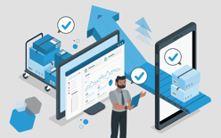 man with clipboard surrounded by packages, computer screen with graphs, and checkmarks, representing it is time to move from an erp to an oms
