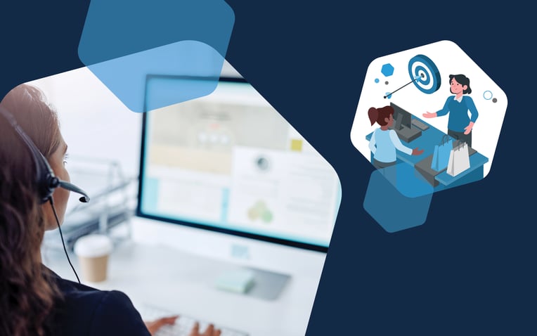 woman with headset on computer and hexagon with customer service and shopper with target, representing steps to implementing an omnichannel retail customer service strategy