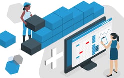 woman stocking boxes, plus symbol, computer with inventory management screen