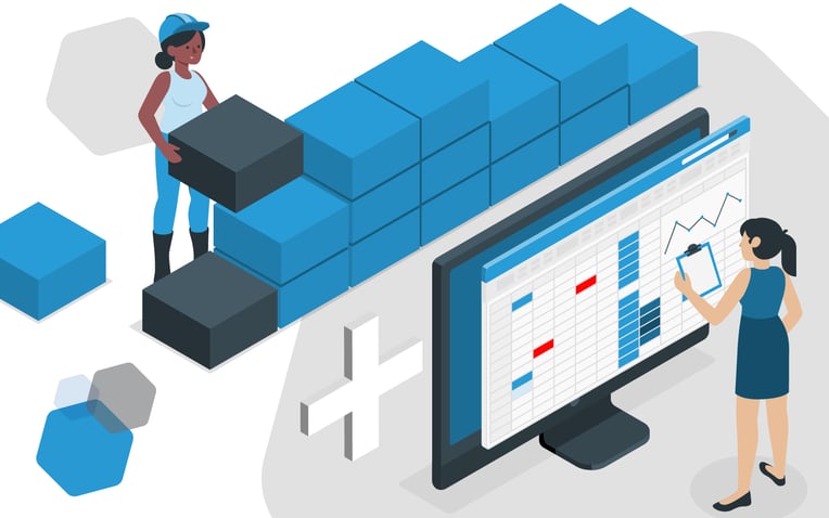 woman stocking boxes, plus symbol, computer with inventory management screen