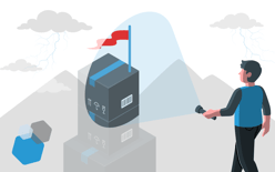 box stack with red flag, mountains in background, and a man with a flashlight, representing strategies to address peak season challenges