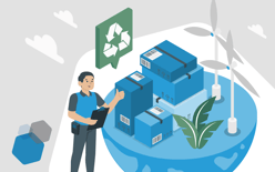 illustration of warehouse manager by stack of boxes with a eco-friendly symbol