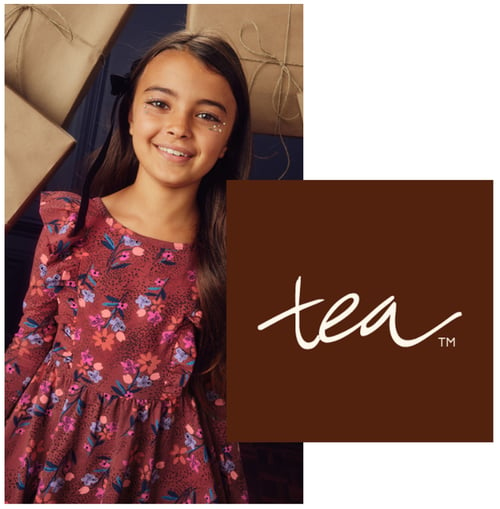 tea logo and girl wearing dress from tea clothing collection