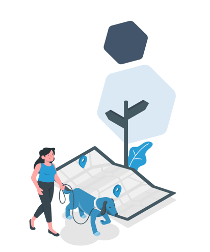 illustration of woman walking dog by map