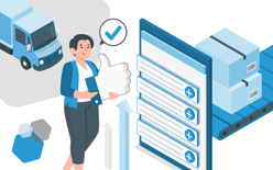 delivery truck, woman holding thumbs up next to large checklist by 3pl fulfillment conveyor