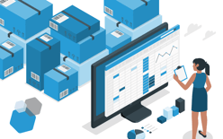woman in front of inventory management screen and boxes