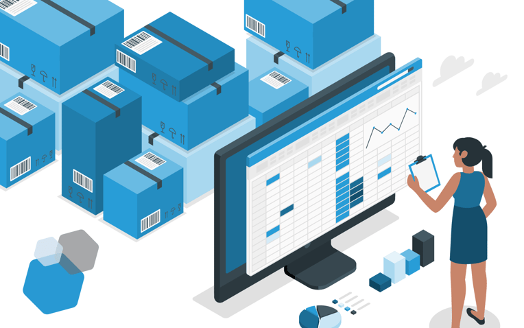 woman in front of inventory management screen and boxes