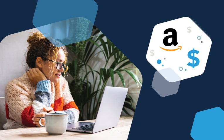 woman in glasses on laptop, amazon logo and dollar sign representing amazon marketplace seller fees