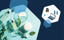 beauty products and hexagon with makeup case, lipsticks, and Amazon logo, representing selling in the beauty category on Amazon marketplace