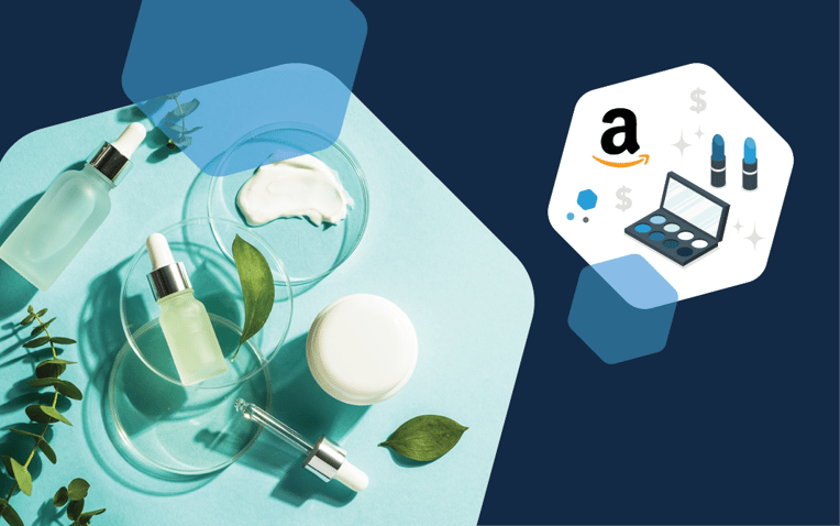 beauty products and hexagon with makeup case, lipsticks, and Amazon logo, representing selling in the beauty category on Amazon marketplace