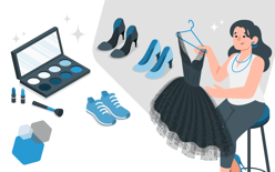 woman holding dress surrounded by ecommerce purchases of shoes and cosmetics