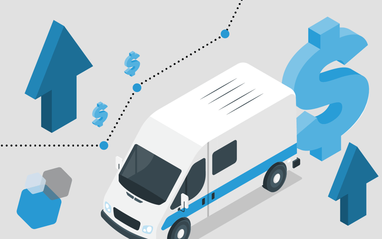 carrier van with dollar signs and up arrow, representing peak season carrier prices and increasing surcharges