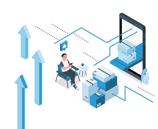 graphic of customer using mobile app for purchasing ecommerce goods, packages on conveyor, arrows pointing up