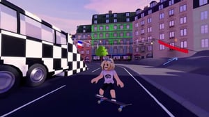 vansworld roblox game with checkered bus and skateboarder character