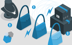 purses and luxury jewelry next to shipping boxes, lightning bolt and exclamation icons representing warehousing challenges