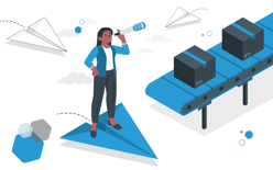 woman with telescope riding paper airplane next to conveyor belt with boxes, representing a streamlined supply chain