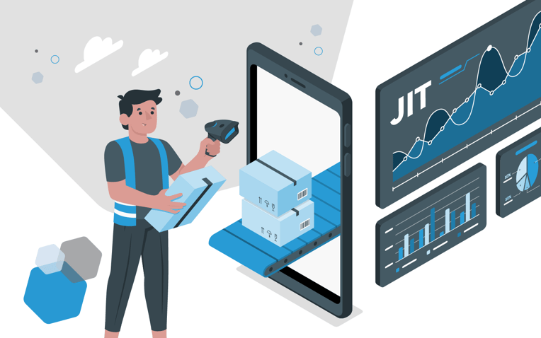 JIT just in time inventory screens and fulfillment warehouse employee scanning packages