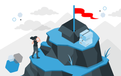 woman heading up to packages and flag on a mountain, representing looking toward the future with a new 3pl before peak season
