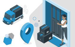 location symbol, truck, and boxes on customer doorstep and customer, representing the importance of last-mile delivery to customer satisfaction