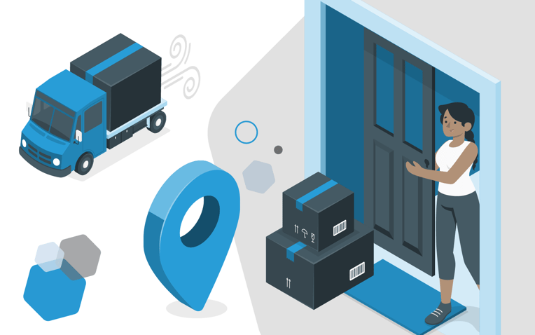 location symbol, truck, and boxes on customer doorstep and customer, representing the importance of last-mile delivery to customer satisfaction