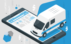 delivery van on tablet with map, representing transportation management technology