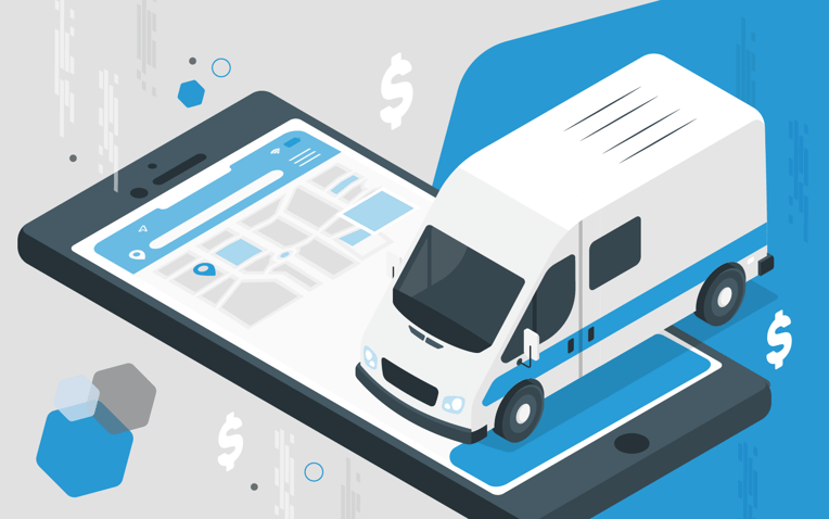 delivery van on tablet with map, representing transportation management technology