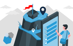 man checking boxes for list on tablet next to a mountain with a flag, representing checking off preparations for peak season