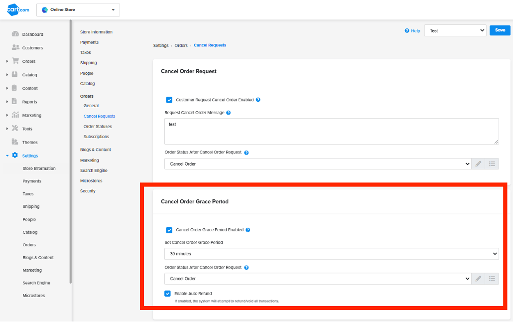 Order Cancellation GracePeriod in Storefront Admin Settings